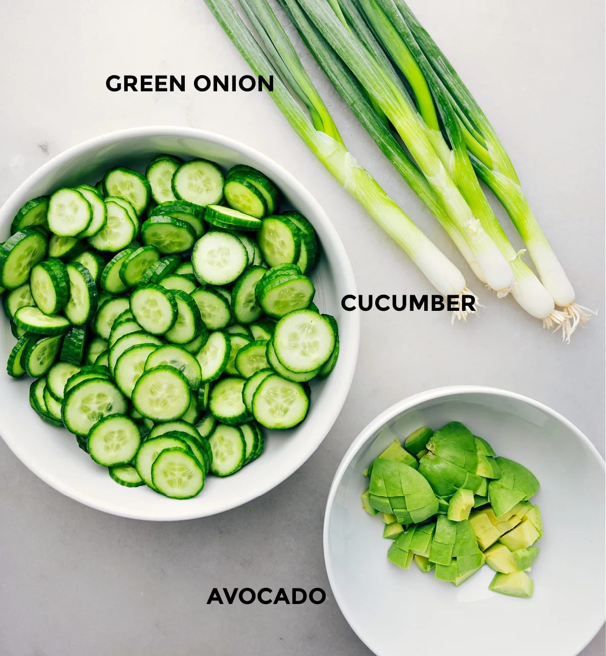 The 3-ingredients in this simple salad prepped out for straightforward assembly.