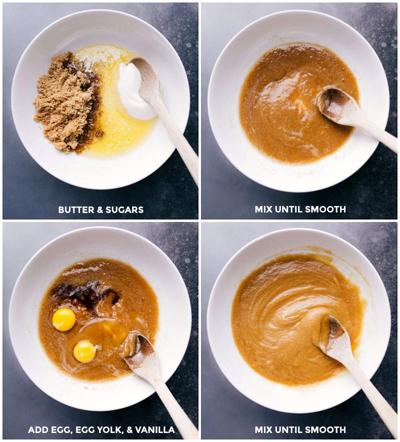 Combining butter and sugars in a mixing bowl, mixing until smooth, then adding egg, yolk, and vanilla, and mixing again until the mixture is smooth and creamy.
