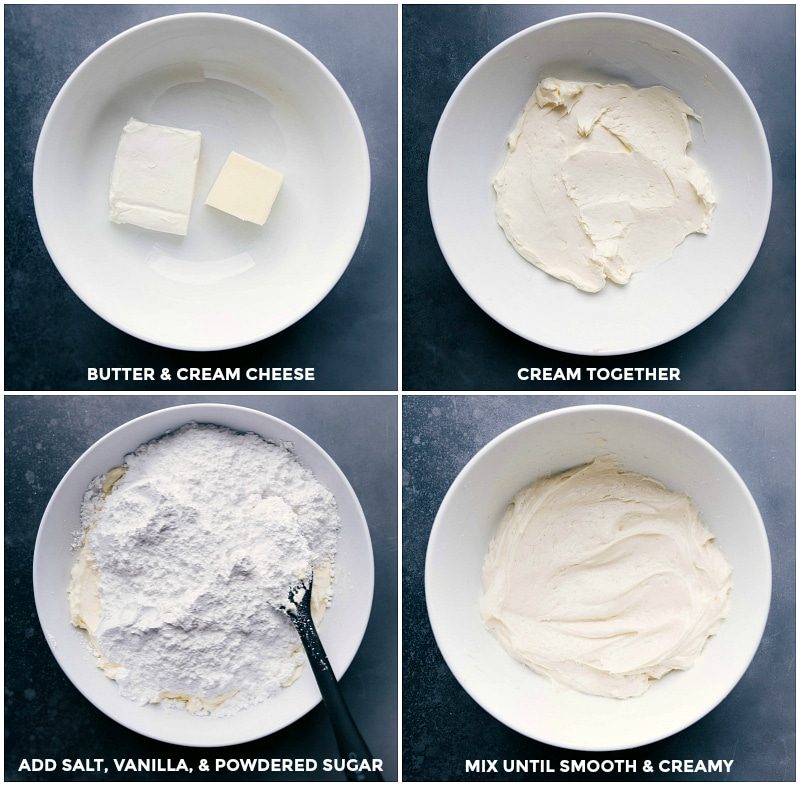 Making cream cheese frosting by creaming together room-temperature butter and cream cheese, adding salt, vanilla, and powdered sugar, and mixing until smooth and creamy.