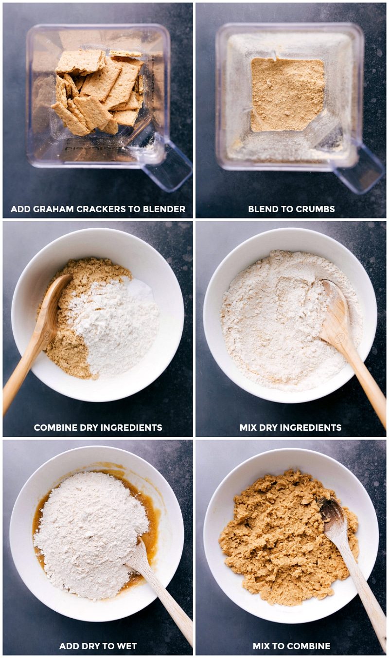Blending graham crackers into fine crumbs, adding to dry ingredients and combining, then mixing dry ingredients with wet ingredients until fully combined.