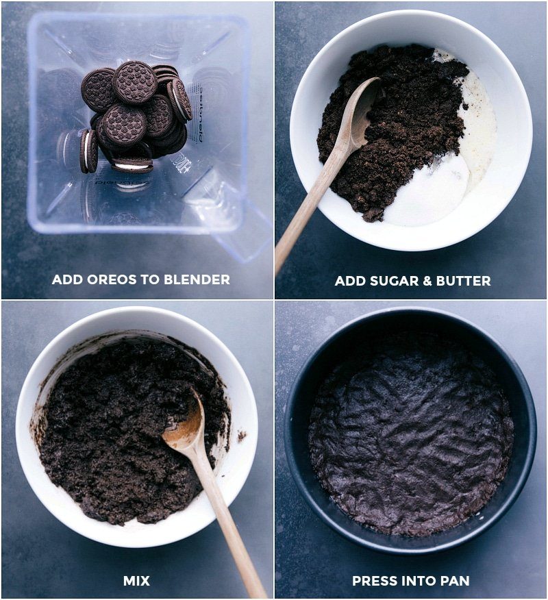 Creating a satisfying oreo crust by blending oreos and mixing with additional ingredients.