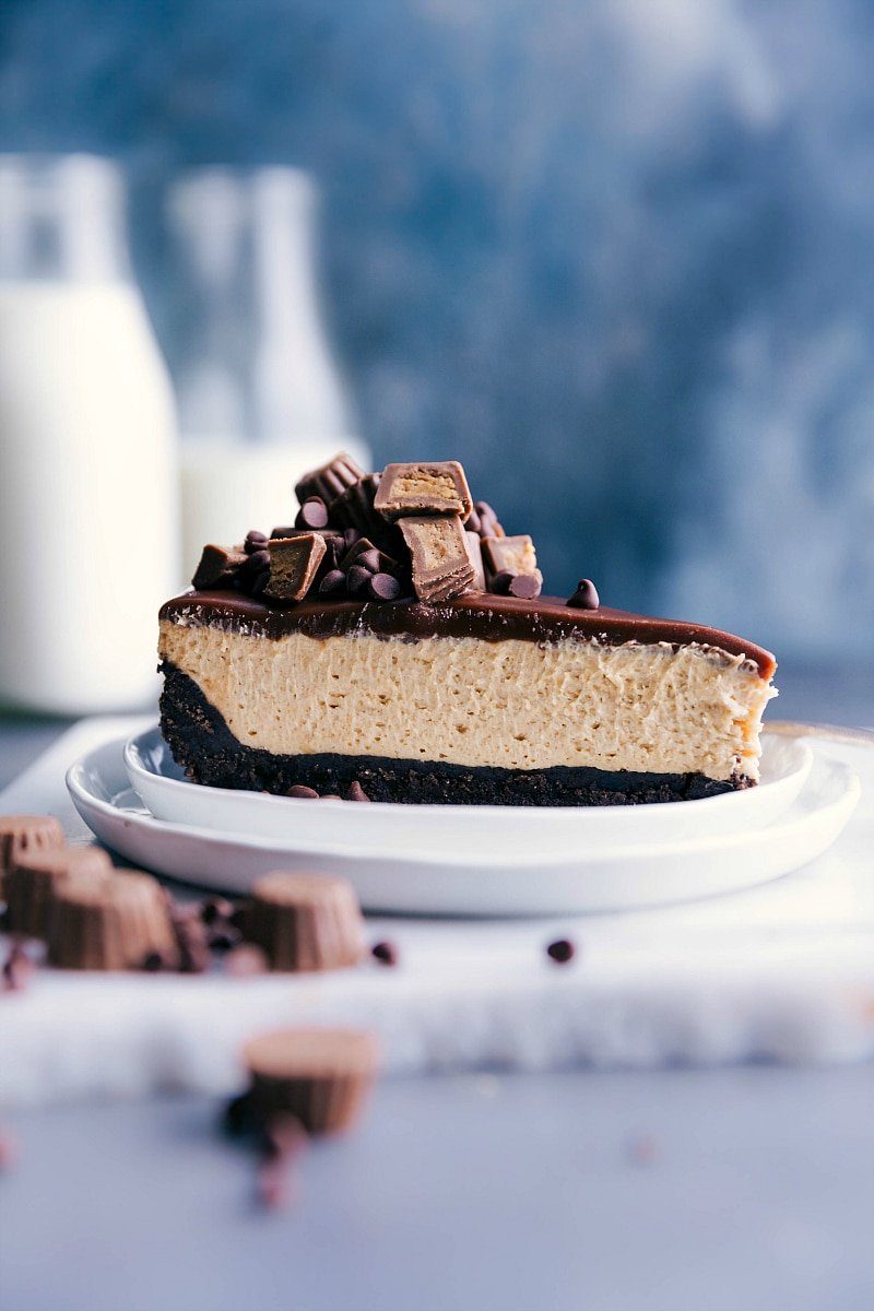 A slice of the satisfying and flavor packed no-bake peanut butter cheesecake.