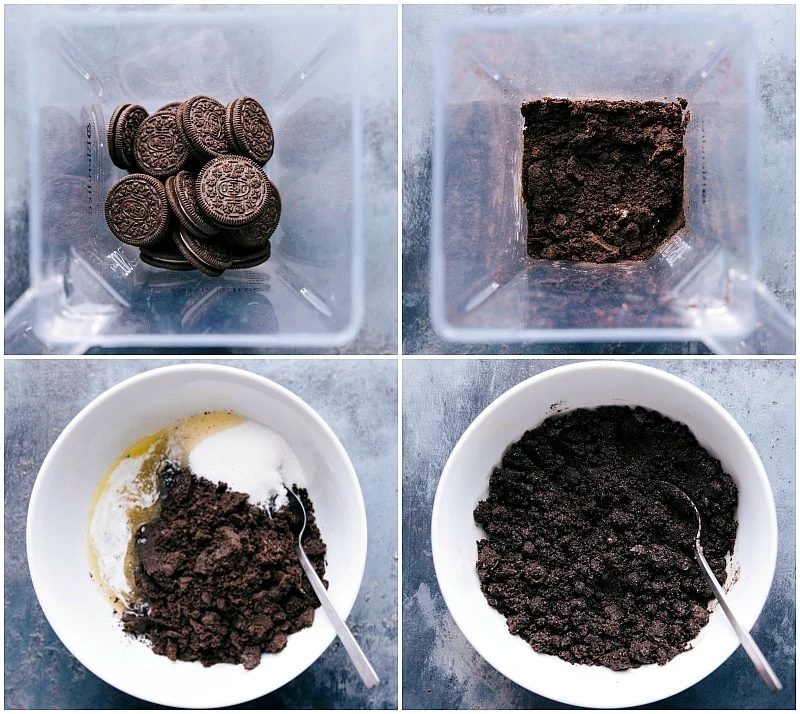 Oreos being blended into fine crumbs and combined with other ingredients to form the crust.