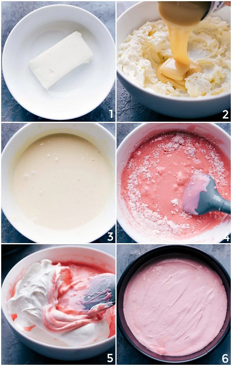 Whipping together the creamy filling for the straightforward no-bake peppermint cheesecake, with hints of pink from peppermint flavoring.