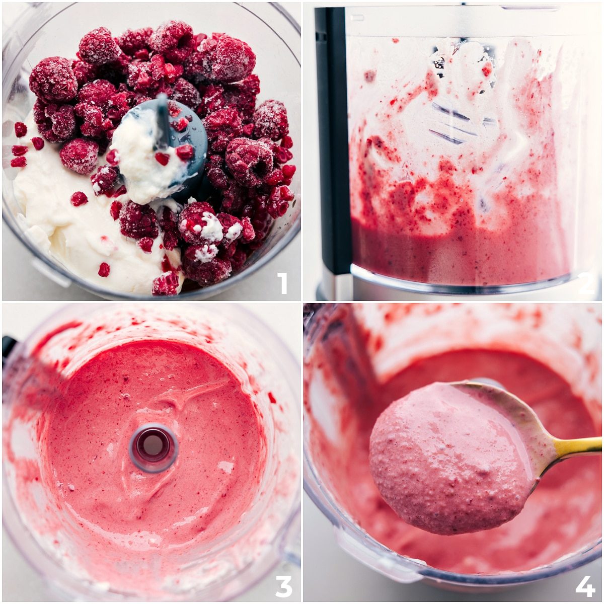 All the ingredients added to a food processor for this frozen yogurt and it all being pulsed together.