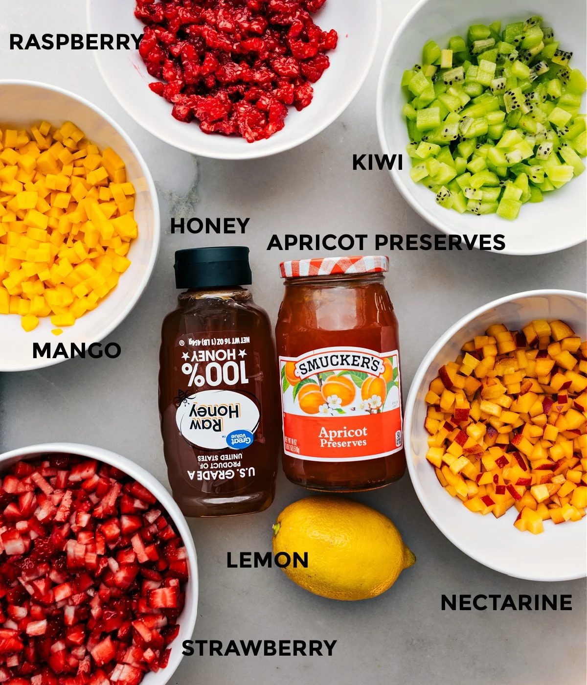 All the ingredients in this recipe prepped in bowl for straightforward assembly.