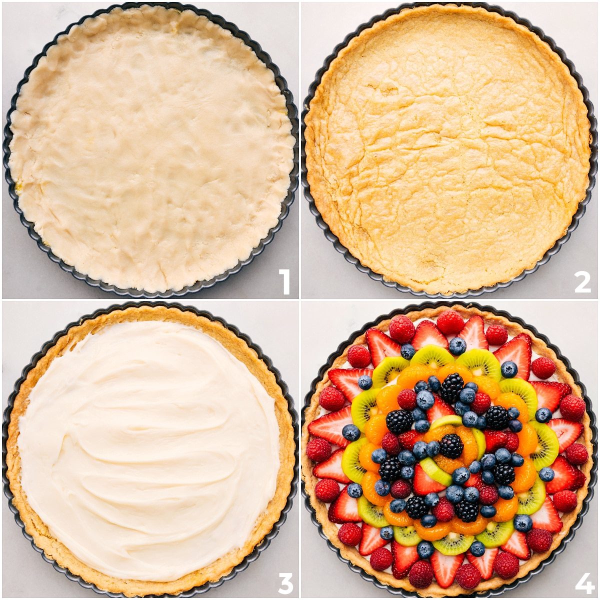 Assembling this fruit pizza recipe: bake the crust, spread the frosting, then pile on the fruit.