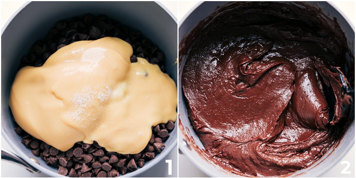 All the ingredients added to the pot to melt and come together for this straightforward fudge recipe.