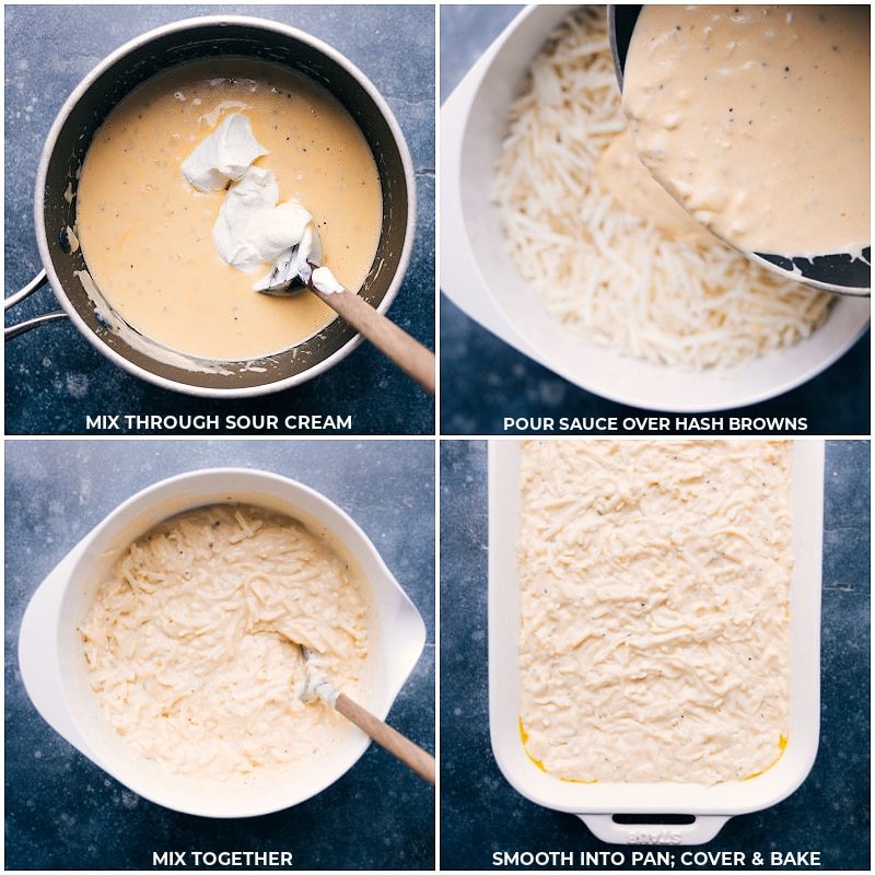 Sour cream mixes into the sauce, which is then poured over the hash browns for these funeral potatoes.
