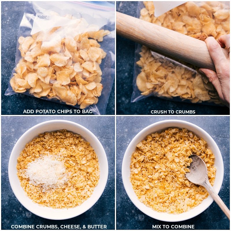 The topping is made by crushing potato chips into fine crumbs, then mixing them with cheese and butter until combined.