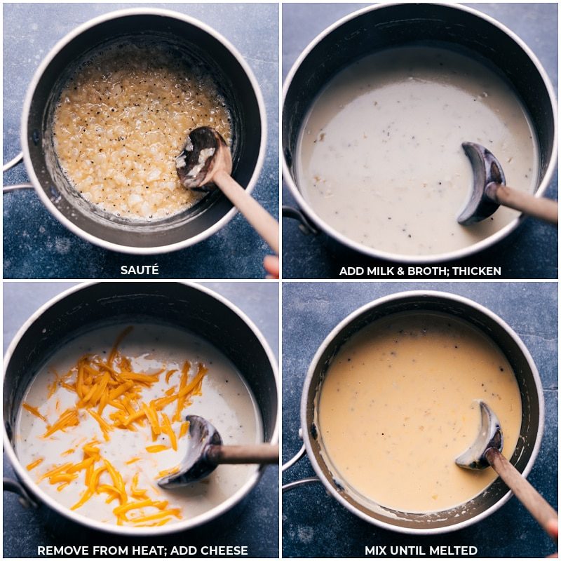 Creamy base ingredients cook together.