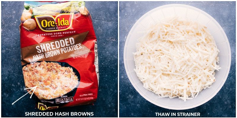Shredded hashbrowns thaw in a strainer.