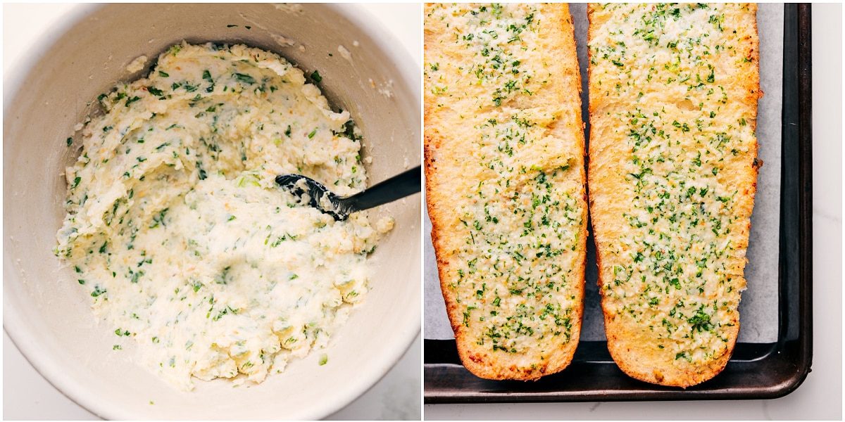All the ingredients for this Garlic Bread Recipe mixed in a bowl, ready to be spread over French bread before baking.