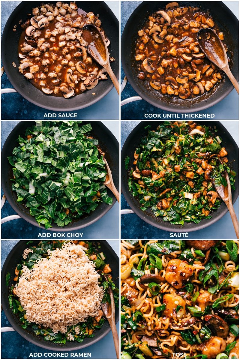 Process shots: adding sauce, bok choy and ramen to finish this recipe
