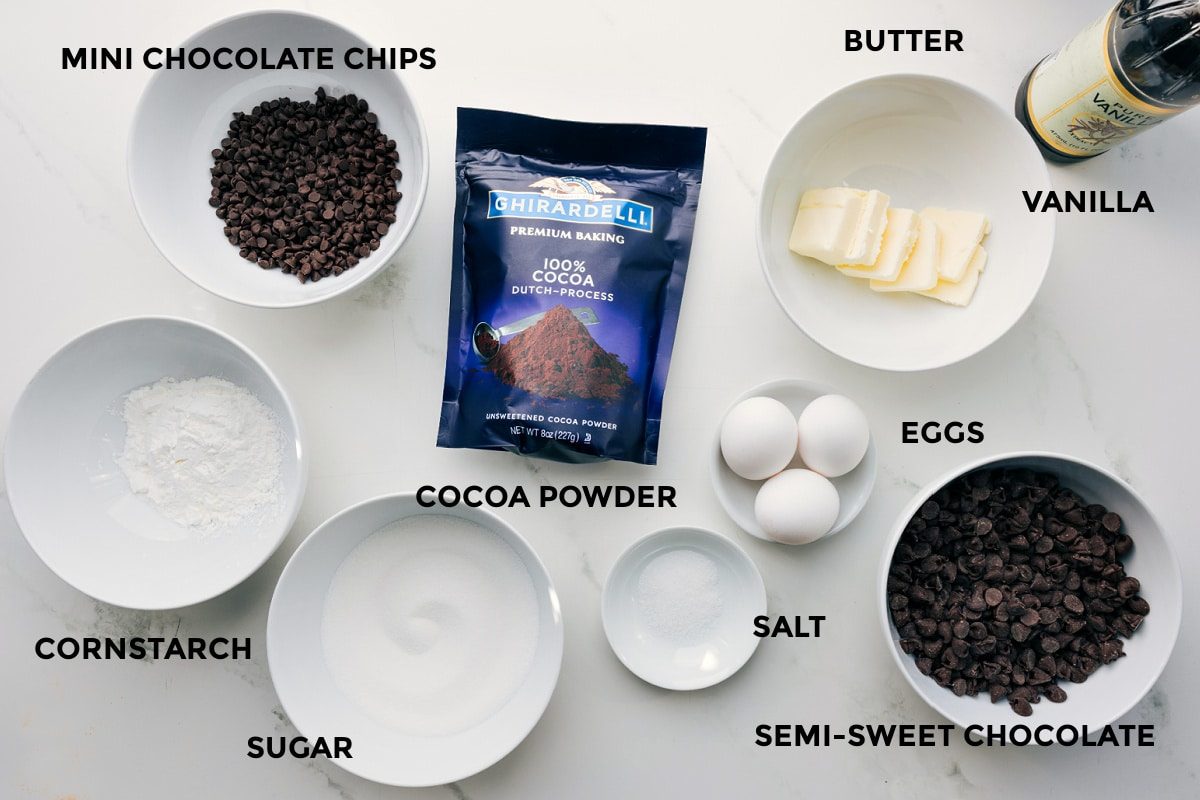 Ingredients in this recipe prepped out for straightforward assembly including the chocolate chips, cornstarch, sugar, cocoa powder, salt, eggs, butter, and vanilla.