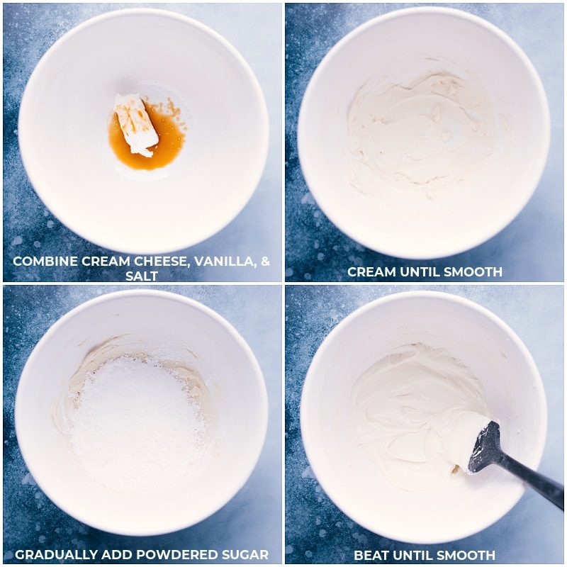 Process shots of Gluten-Free Carrot Cake-- images of the cream cheese, vanilla, salt, and powdered sugar being beat together for the frosting