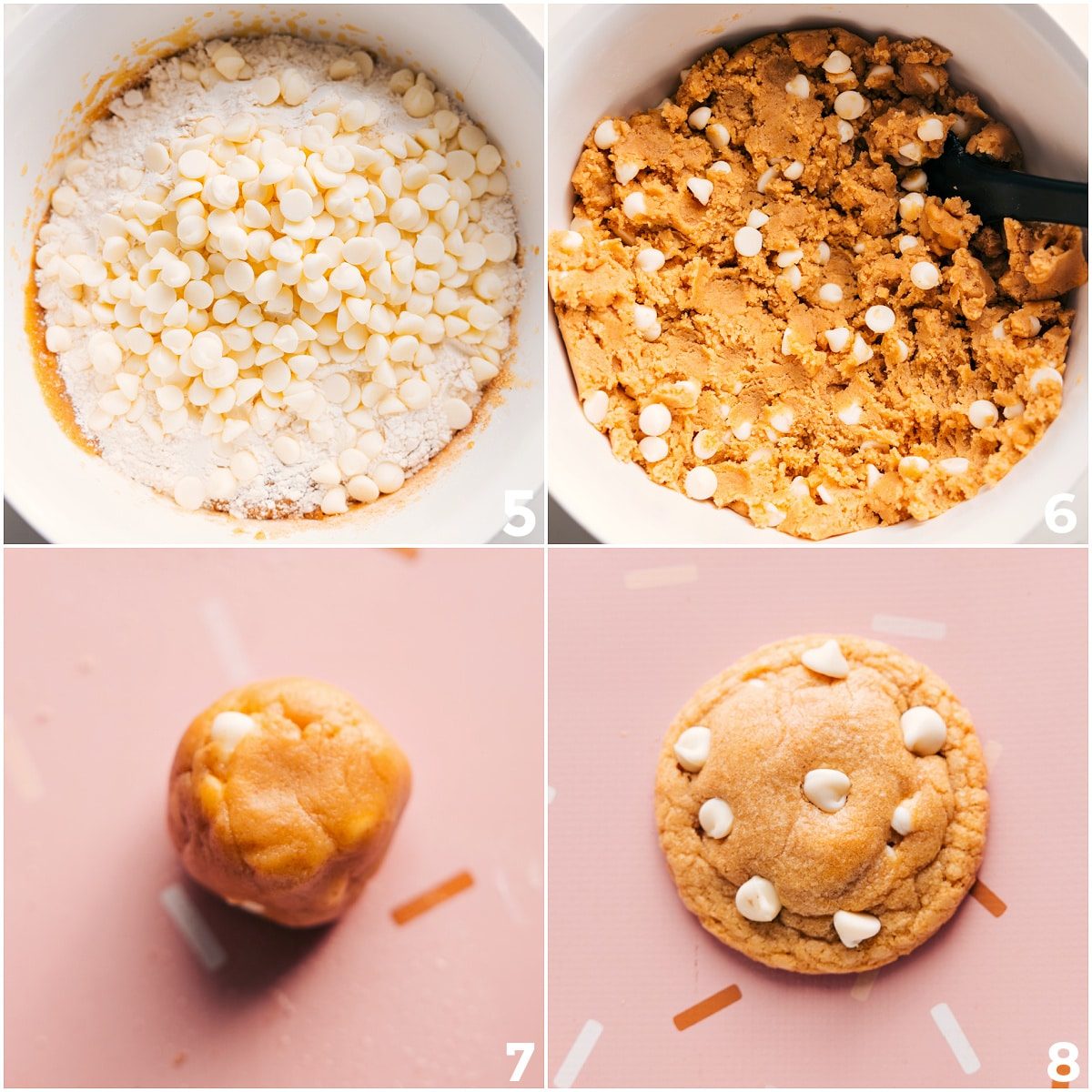 Flour and white chocolate mixed with the wet ingredients to form a thick dough, then rolled into dough balls and baked.