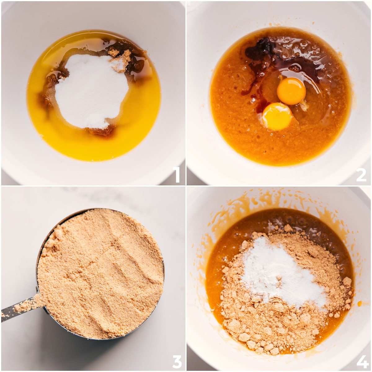 The wet ingredients mixed together in a bowl and then the graham cracker crumbs and and baking agents added into the bowl for these graham cracker cookies.
