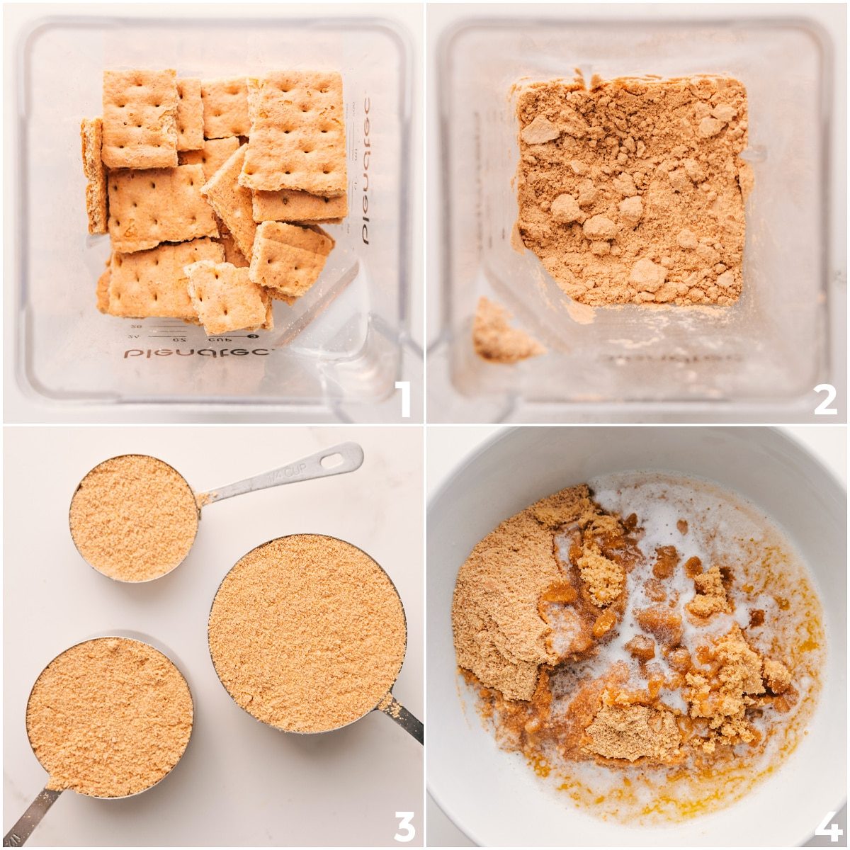 Graham crackers blended and combined with the other ingredients in a bowl for this graham cracker pie crust recipe.