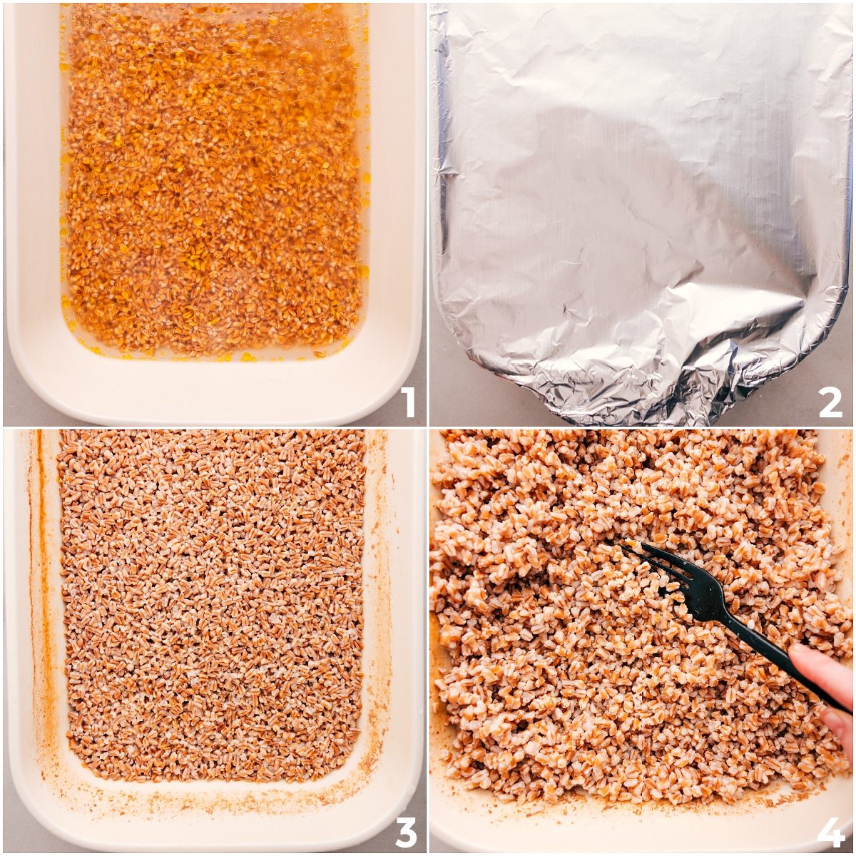 Cook the farro in a casserole dish, then fluff it to serve alongside this dish.