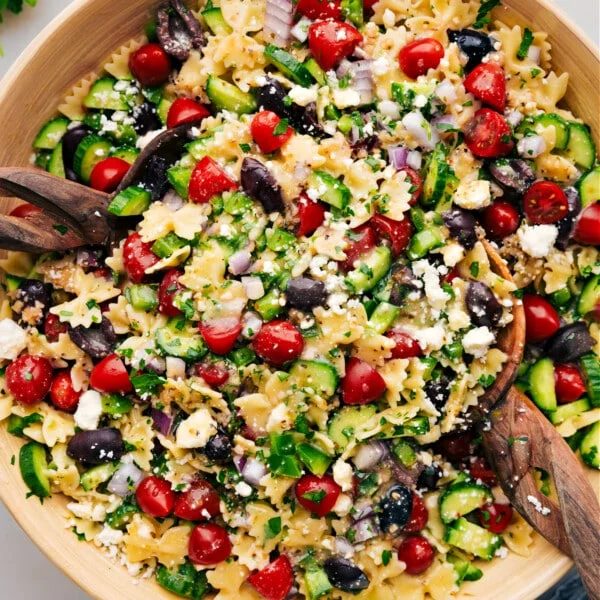 straightforward Greek Pasta Salad in a bowl ready to be served.