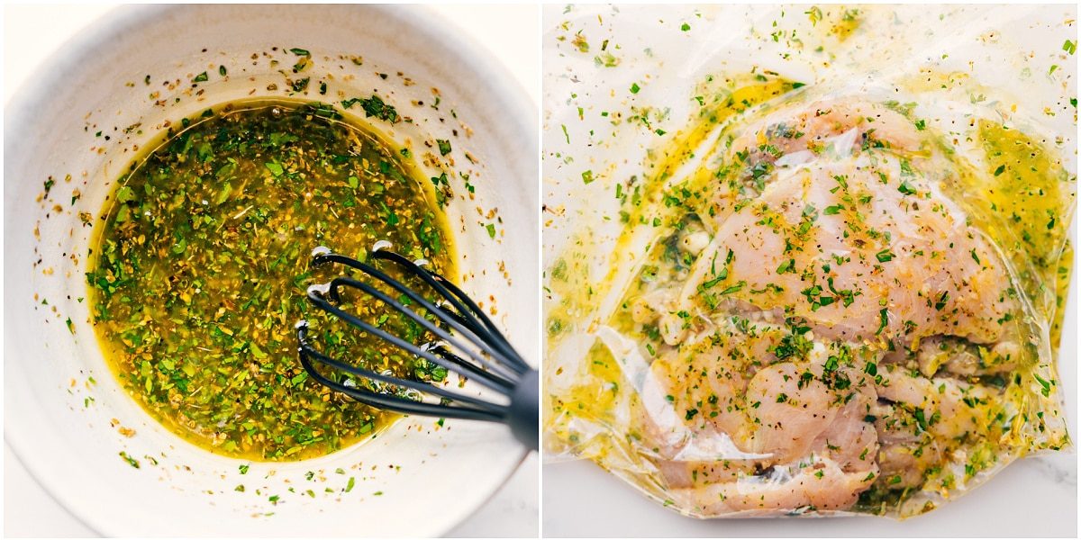 The marinade mixed together in a bowl and added to a bag with the chicken for this Greek chicken marinade.