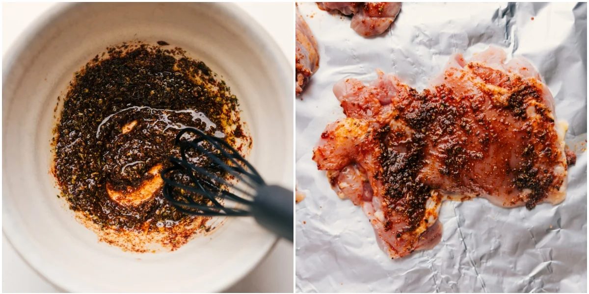 Greek chicken thighs rub being whisked together in a bowl before being added to the chicken.