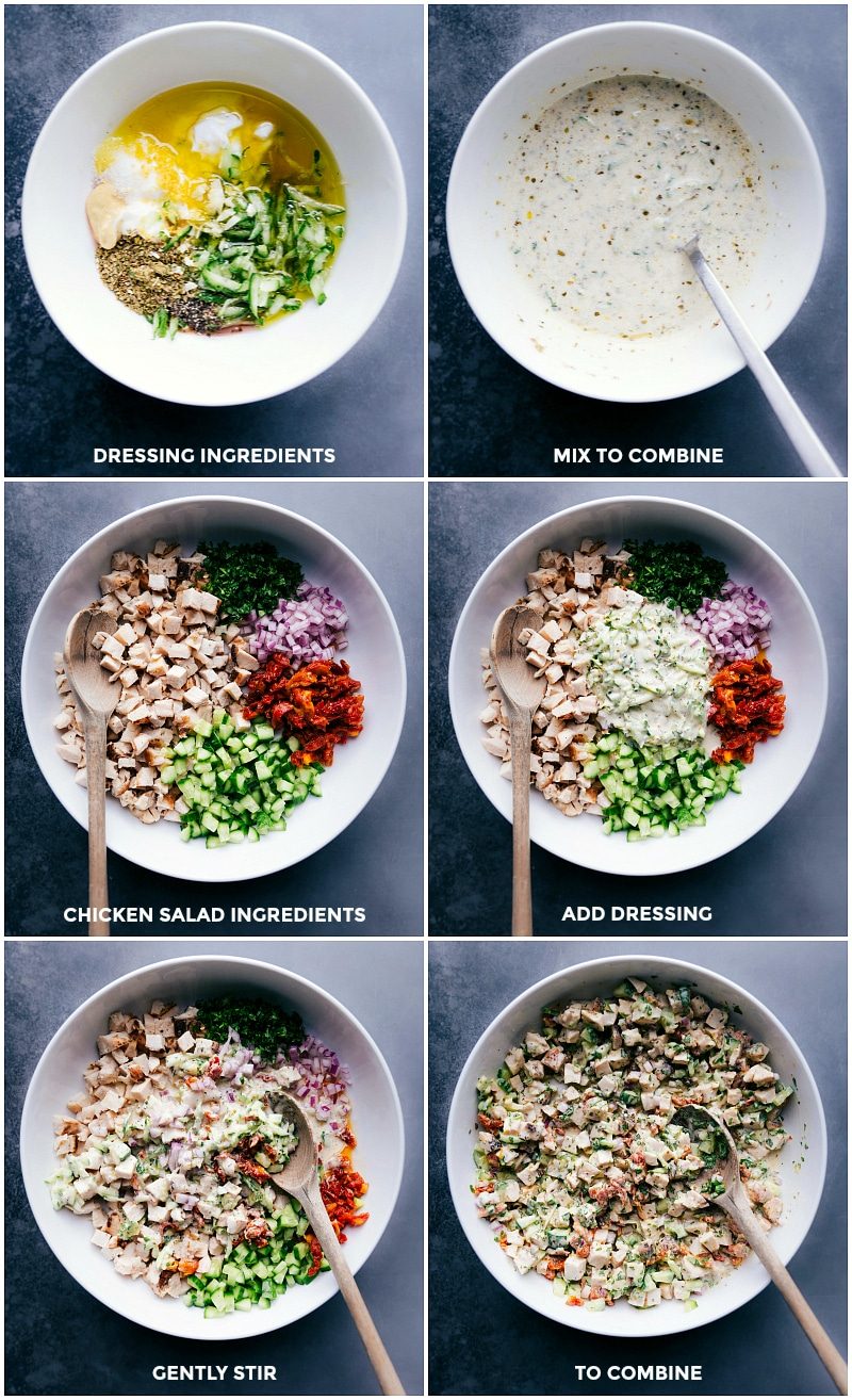 Combine the dressing ingredients in one bowl and the salad ingredients in another, then mix everything together.