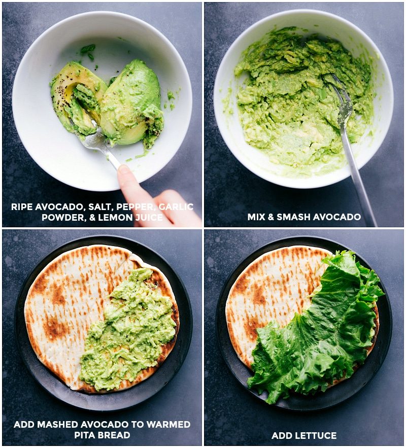 Mash an avocado with salt, pepper, garlic powder, and lemon juice, then spread it on the pita and top with lettuce for these Greek chicken wraps.