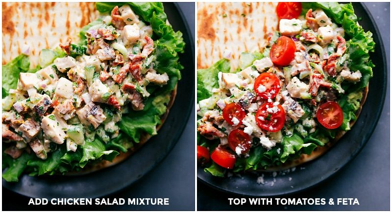 Greek Chicken Salad on the pita bread, and another one with the pita topped with feta and tomatoes.