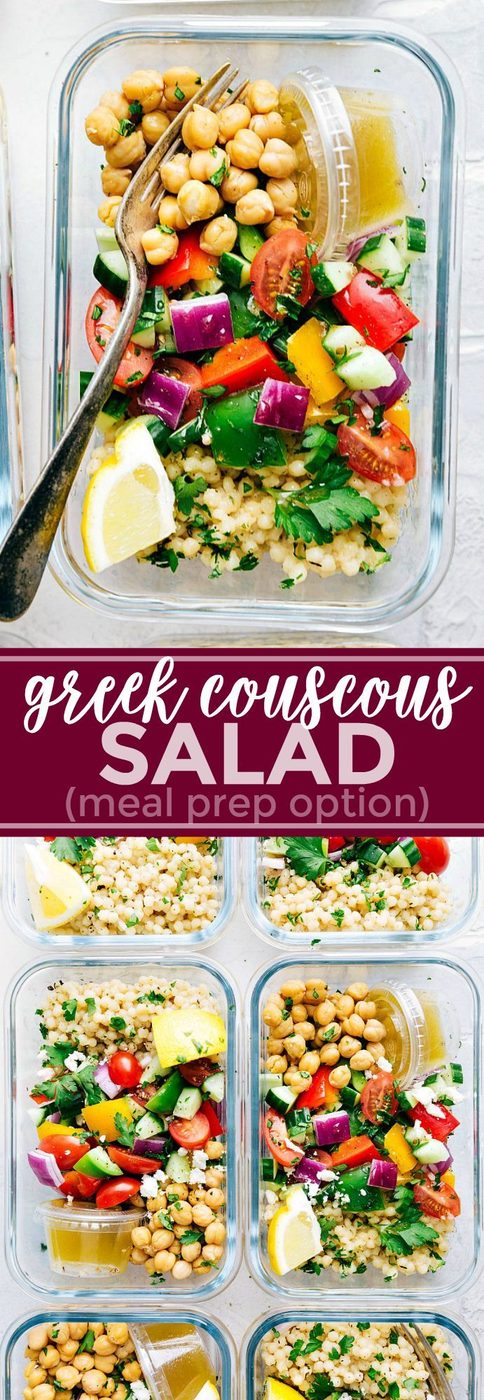 A satisfying and healthy Greek couscous salad that everyone will go crazy for! (Meal prep options and tips included) via flexfa.com | #healthy #salad #couscous #vegetables #vegetarian #Greek #satisfying #straightforward #kidfriendly #quick