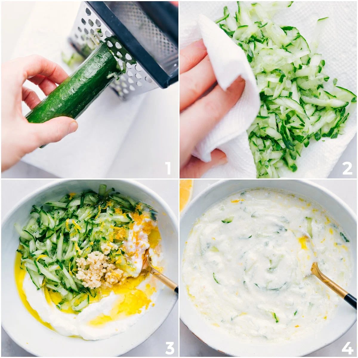 Make a simple and satisfying tzatziki sauce in a bowl to top this Greek Ground Turkey recipe.