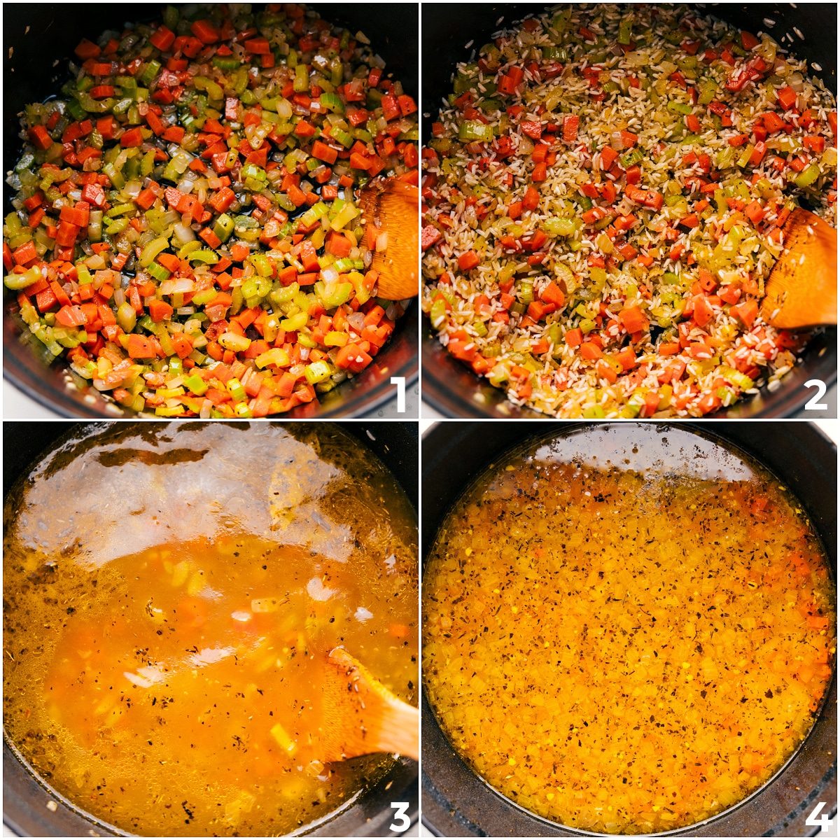 Veggies sautéing in a pot, then rice and broth added, cooking with the other ingredients for Greek lemon soup.