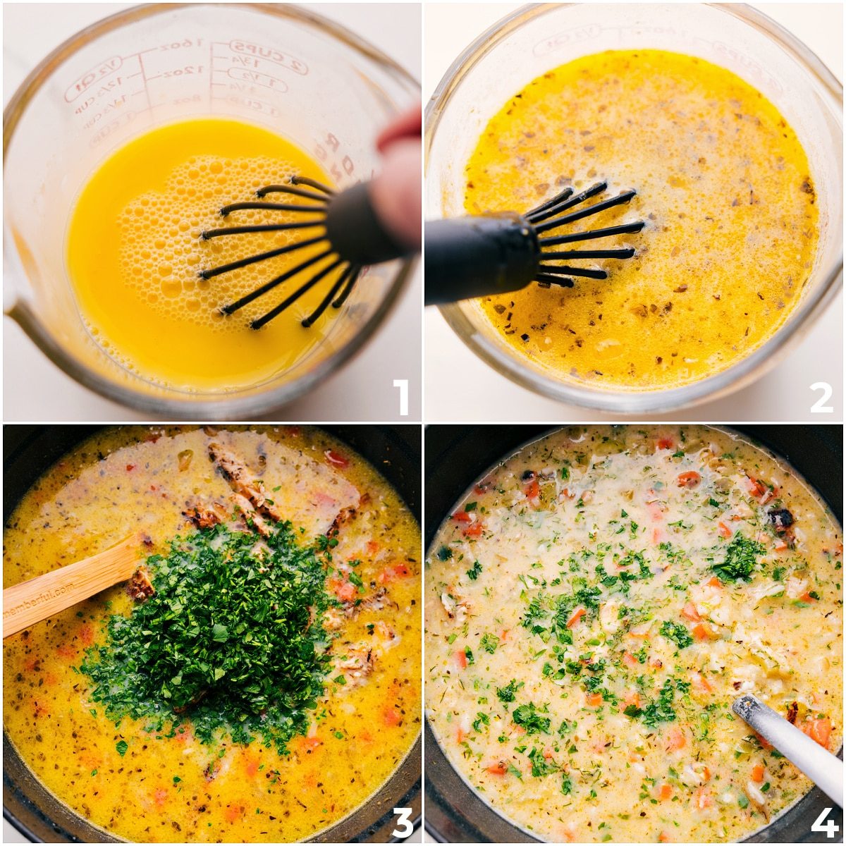 The egg being whisked together and poured into the soup along with the chicken and herbs.