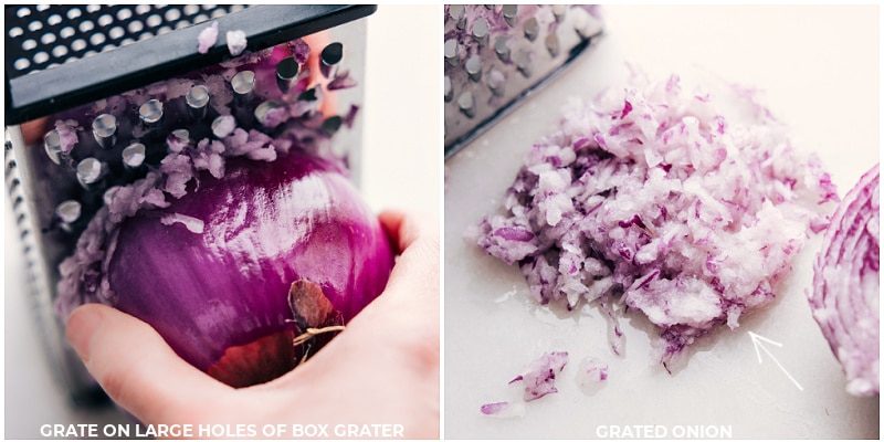 Process shots of Greek Meatballs-- images of the red onion being grated