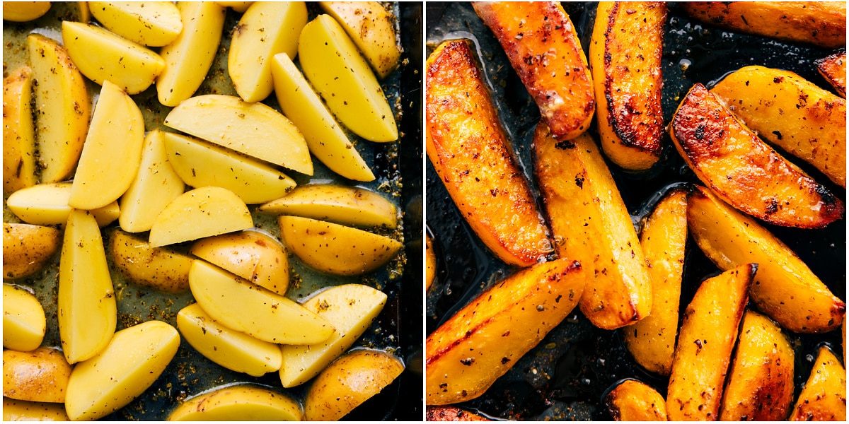 The potato wedges roasted on a sheet pan to perfection.