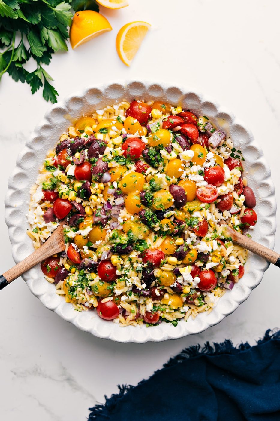 Greek recipes: Greek orzo pasta salad in a bowl.