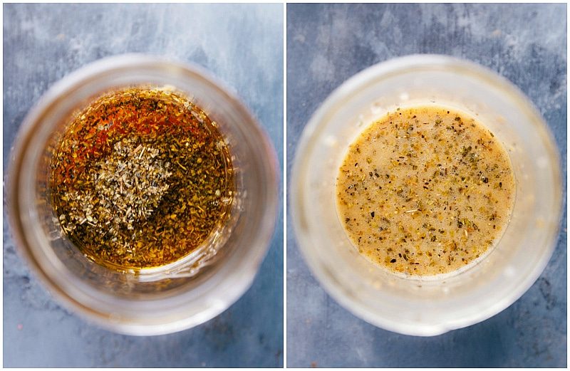 Greek vinaigrette dressing being mixed together by shaking in a mason jar for the recipe.