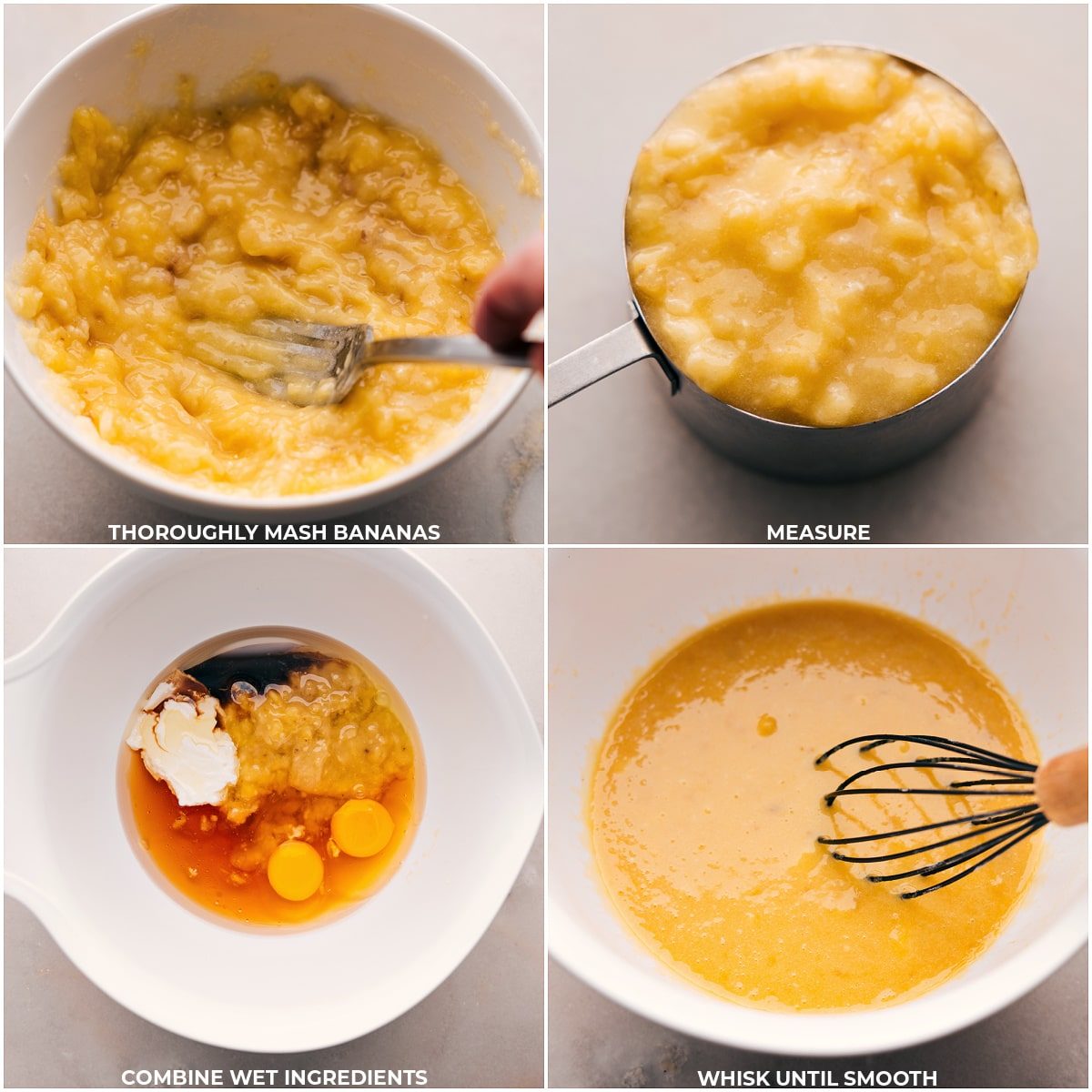 The bananas mashed up and then added to the wet ingredients for this Healthy Banana Bread Recipe.
