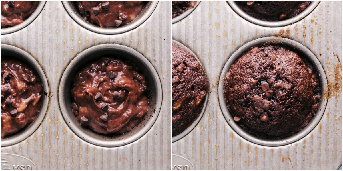 The batter being added to a pan and it all being baked to perfection.