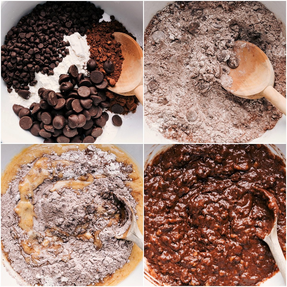 Dry ingredients being mixed together, then combined with wet ingredients to make Chocolate Banana Muffin batter.