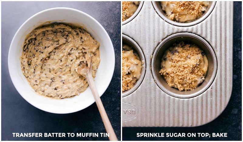 Process shots of Healthy Chocolate Chip Muffins-- mixing the batter: spooning it into a cupcake pan