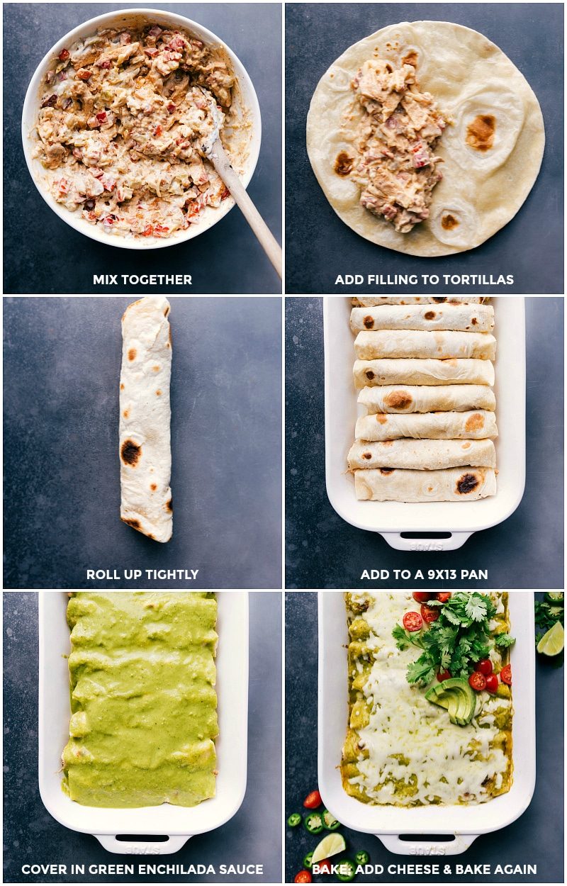 Mixing together filling ingredients, spreading onto tortillas, rolling them up to fill a baking pan, covering with green enchilada sauce, baking, then adding cheese and continuing to bake until the green chile chicken enchiladas are evenly done.