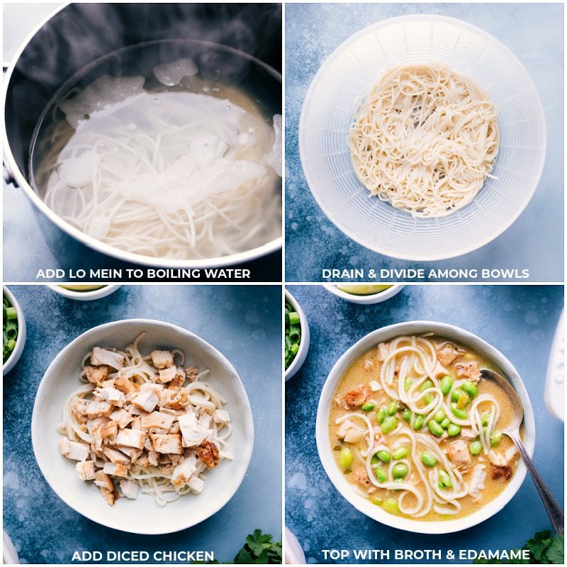 The lo mein and chicken being added and mixed together