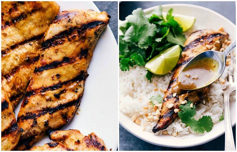 Freshly grilled meat with charred marks, enhanced by extra sauce drizzled over the top.