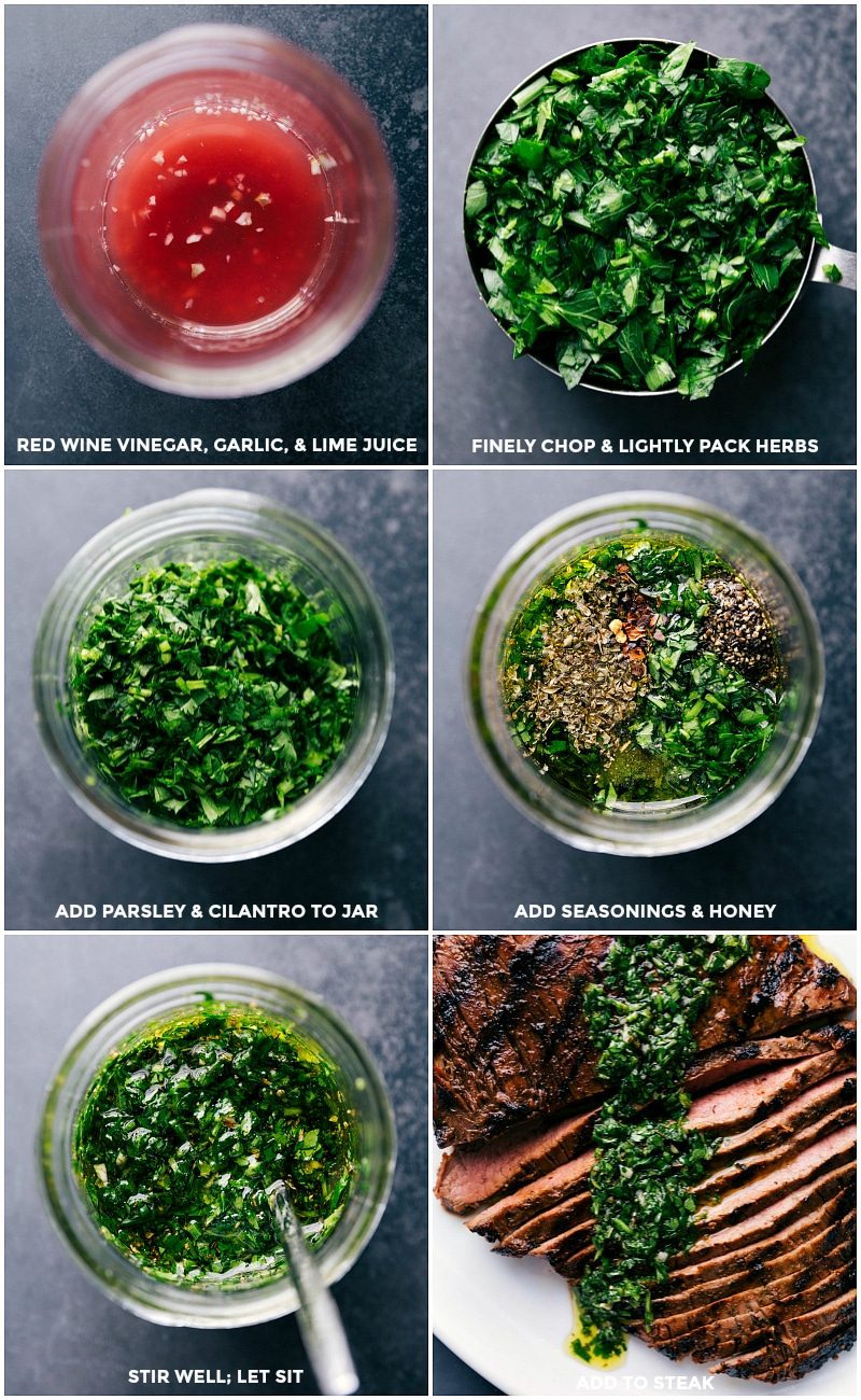 Creating from-scratch chimichurri sauce by mixing red wine vinegar, garlic, lime juice, fresh herbs, seasonings, and honey for a reliable finish.