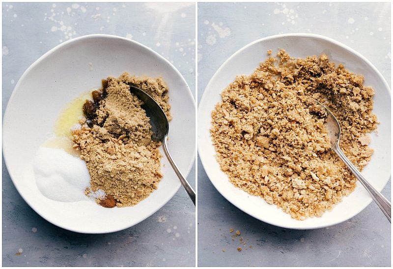 Preparing the satisfying crumble topping.