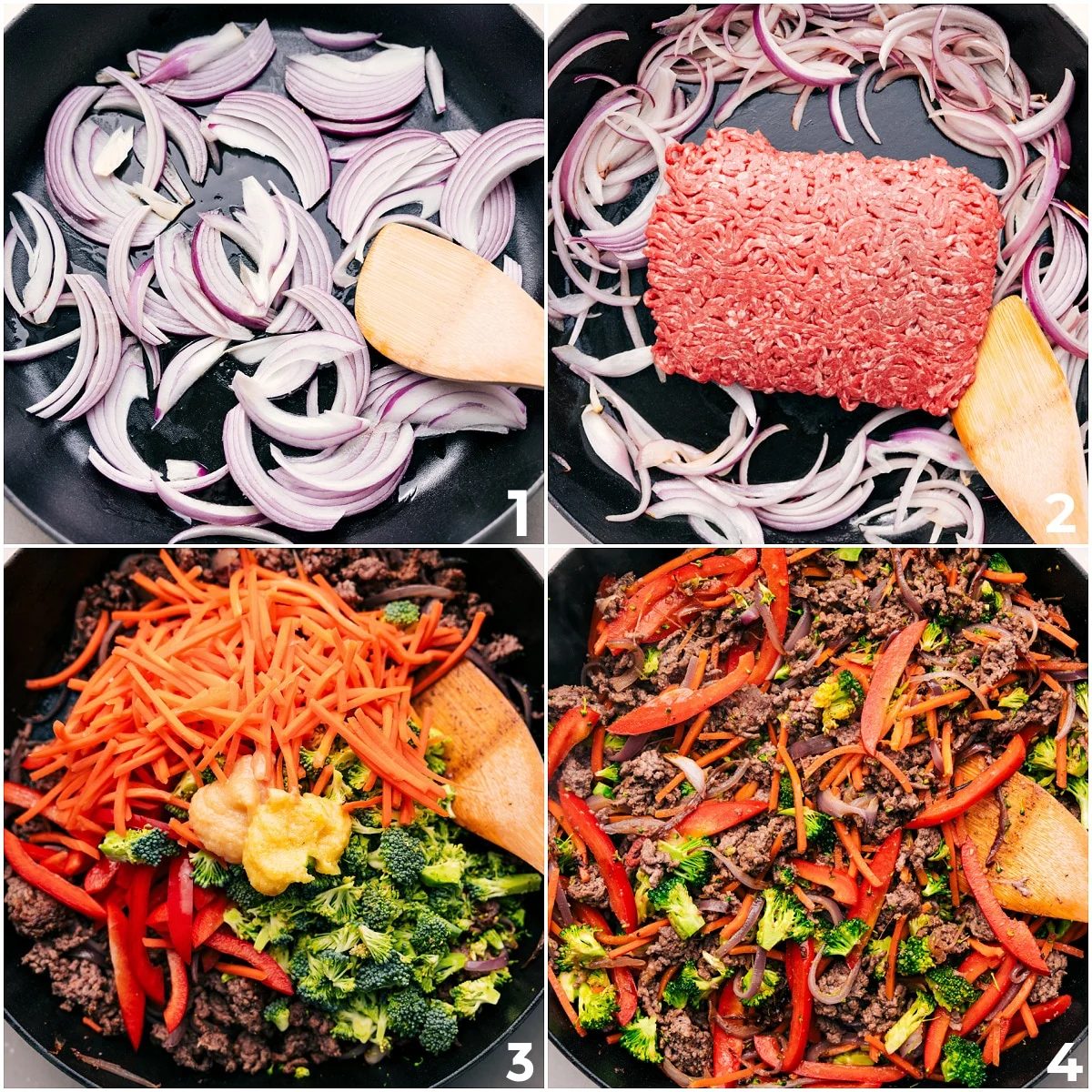 The onions are sautéed, the ground beef is browned, and all the veggies are added to the skillet for this Ground Beef Ramen.