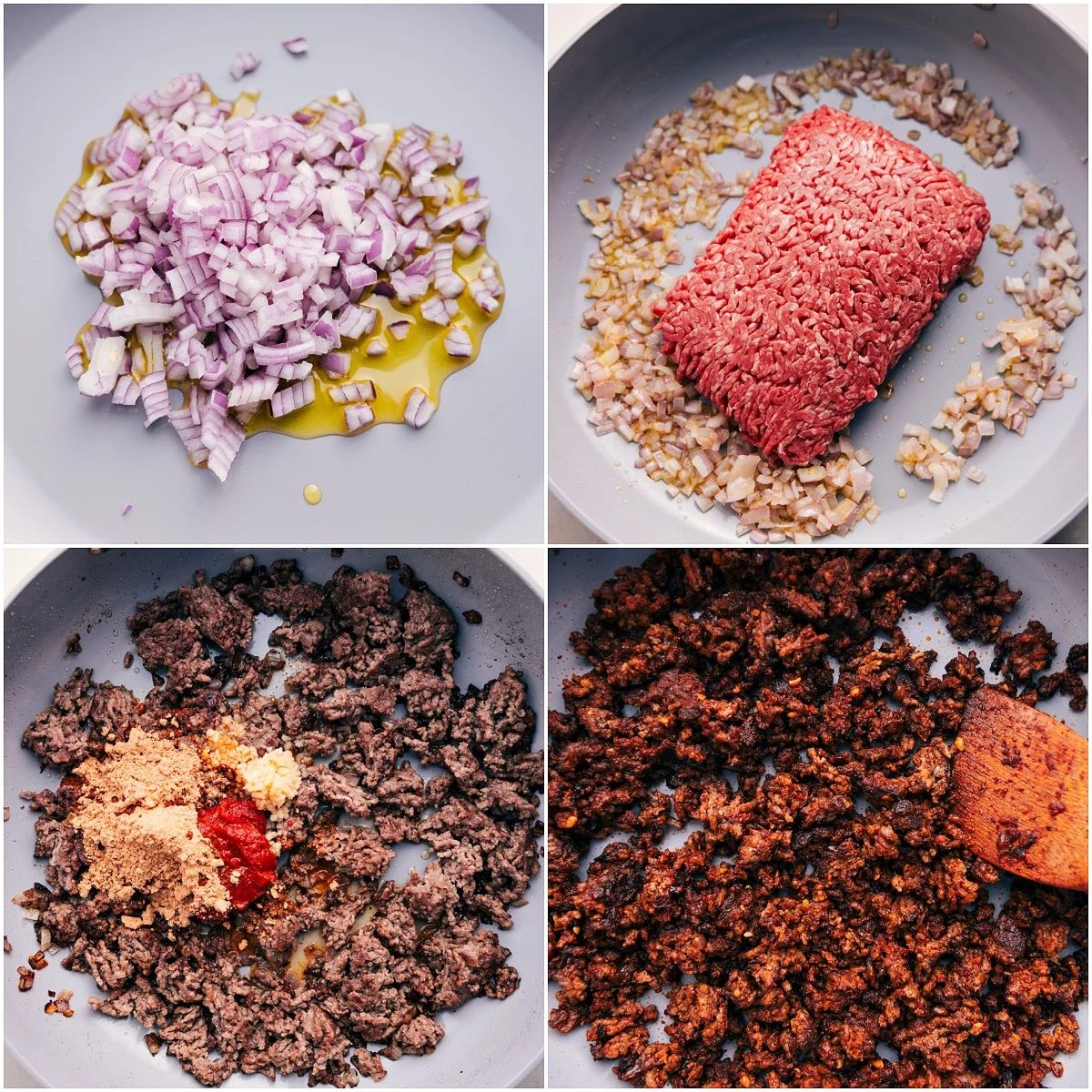 The onions are sautéed, then the ground beef is added, browned, and seasoned for these ground beef taco bowls.