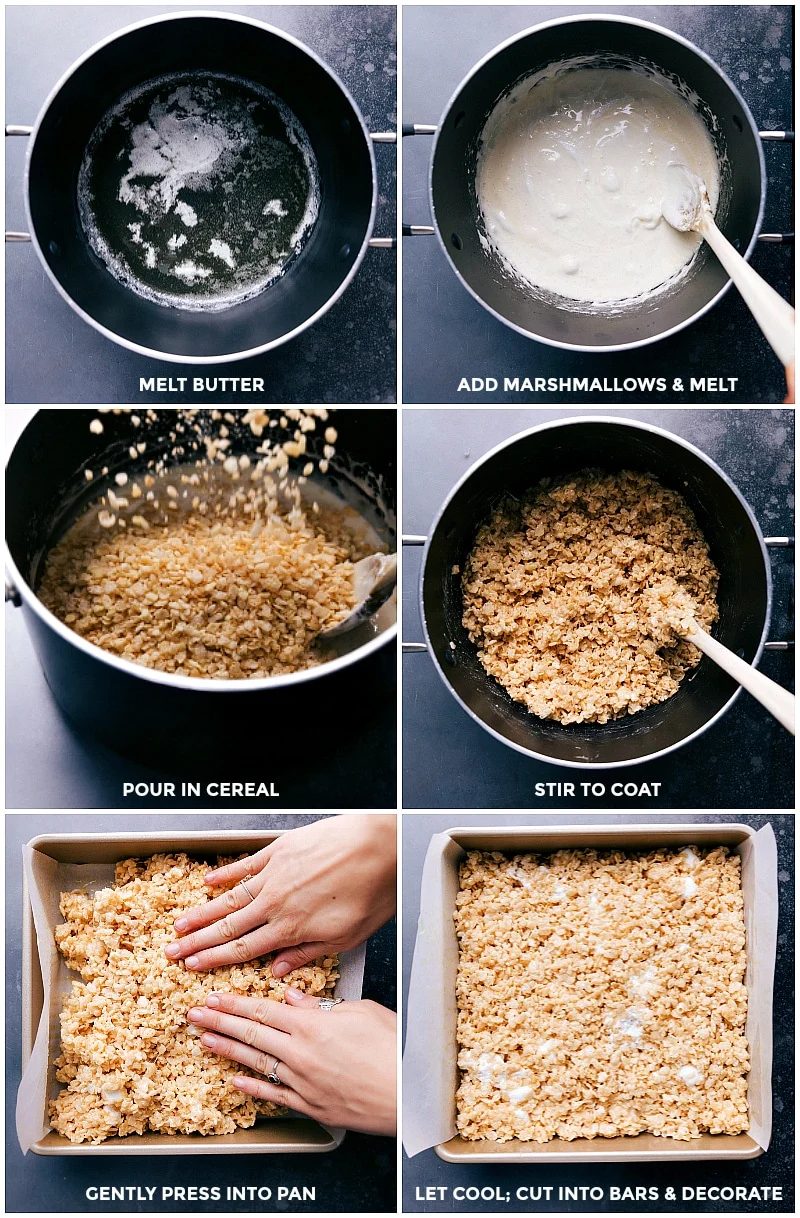 Melting butter, adding marshmallows, cereal, stirring, and setting in a pan to cool, the base for this satisfying dessert.